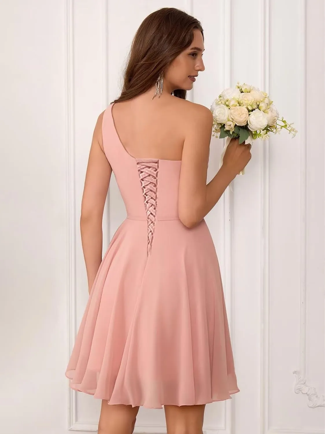 One Shoulder Short Bridesmaid Dresses for Women 2025 Chiffon Ruched A Line Formal Evening Dress KN011