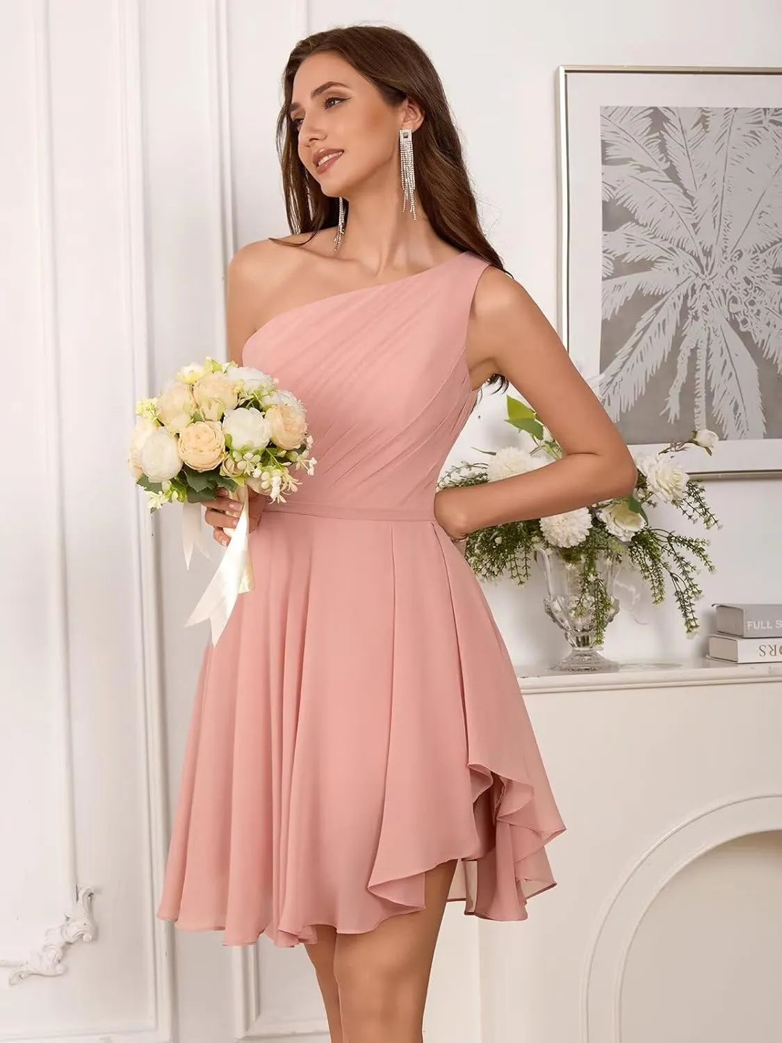 One Shoulder Short Bridesmaid Dresses for Women 2025 Chiffon Ruched A Line Formal Evening Dress KN011