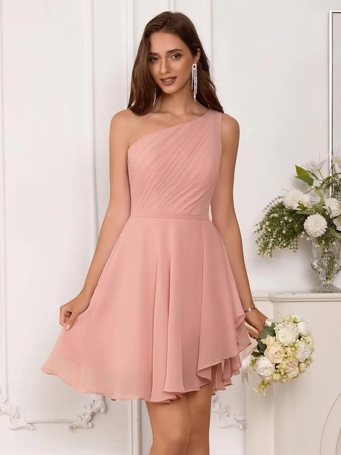 One Shoulder Short Bridesmaid Dresses for Women 2025 Chiffon Ruched A Line Formal Evening Dress KN011