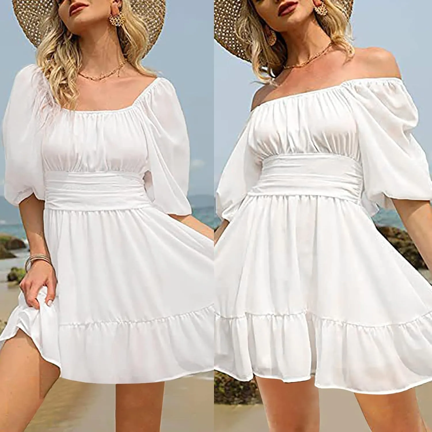 Party Dresses for Women Off Shoulder Ruffle Short Sleeve Mini Dress Tie Back Flowy A-Line Summer Casual Sundress