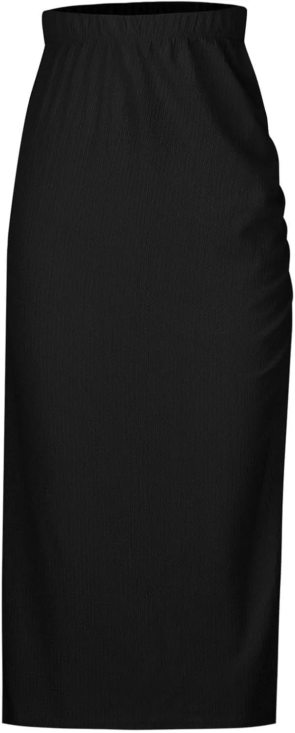 Pencil Midi Skirt for Women Casual Elastic High Waist Ruched Skirts Side Split Thigh Bodycon Summer Y2K Streetwear