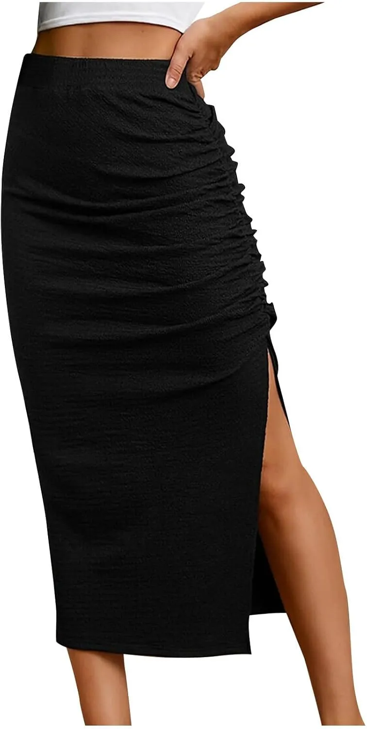 Pencil Midi Skirt for Women Casual Elastic High Waist Ruched Skirts Side Split Thigh Bodycon Summer Y2K Streetwear