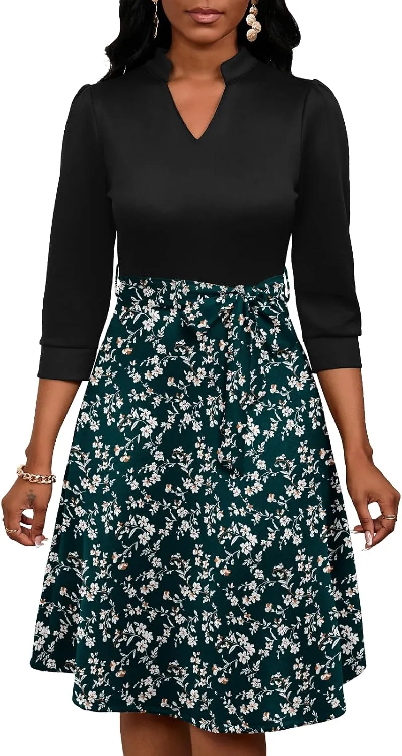 PerZeal Women's Casual Flowy A-Line Midi Dress Flared V-Neck Colorblock Print for Wedding Guest 3/4 Sleeve Dress with Belt