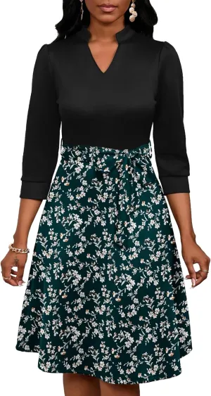 PerZeal Women's Casual Flowy A-Line Midi Dress Flared V-Neck Colorblock Print for Wedding Guest 3/4 Sleeve Dress with Belt