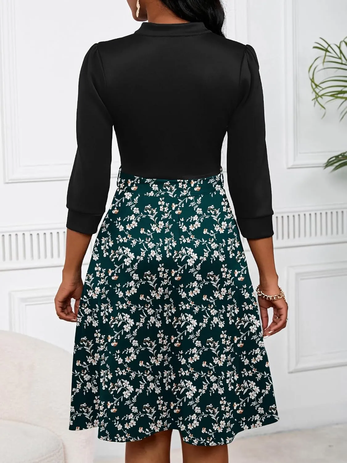 PerZeal Women's Casual Flowy A-Line Midi Dress Flared V-Neck Colorblock Print for Wedding Guest 3/4 Sleeve Dress with Belt