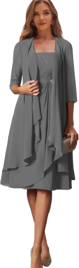 Petite Mother of The Bride Dresses Beach Wedding Chiffon Grey Formal Evening Gown with Sleeves Size 2