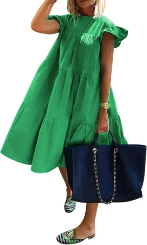 PETYCZEN Casual Summer Dresses for Women Cap Sleeve Mini Tiered Dress Cute A Line Swing Pleated Party Vacation Beach Dresses