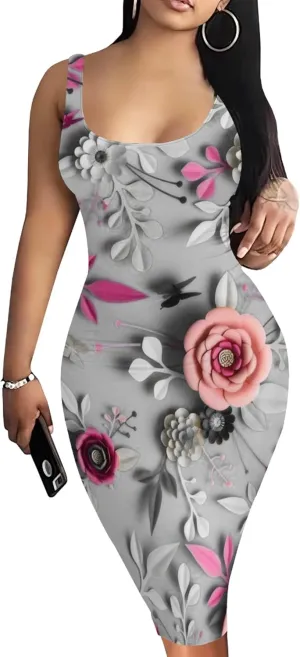 PinkPatty Floral Print Midi Dress for Women Sexy Sleeveless Crew Neck Tank Sundress Plus Size Club Dresses