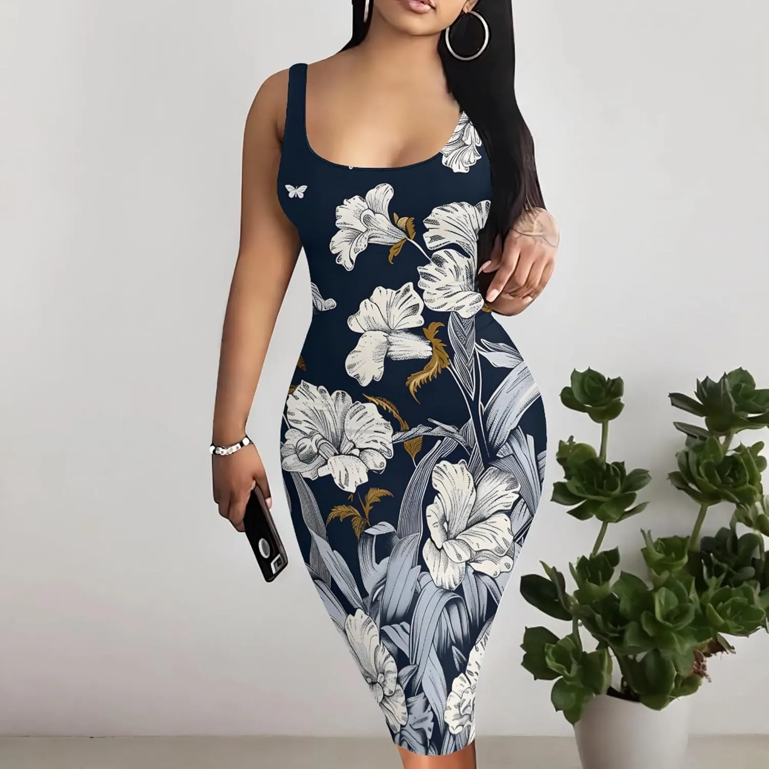 PinkPatty Floral Print Midi Dress for Women Sexy Sleeveless Crew Neck Tank Sundress Plus Size Club Dresses