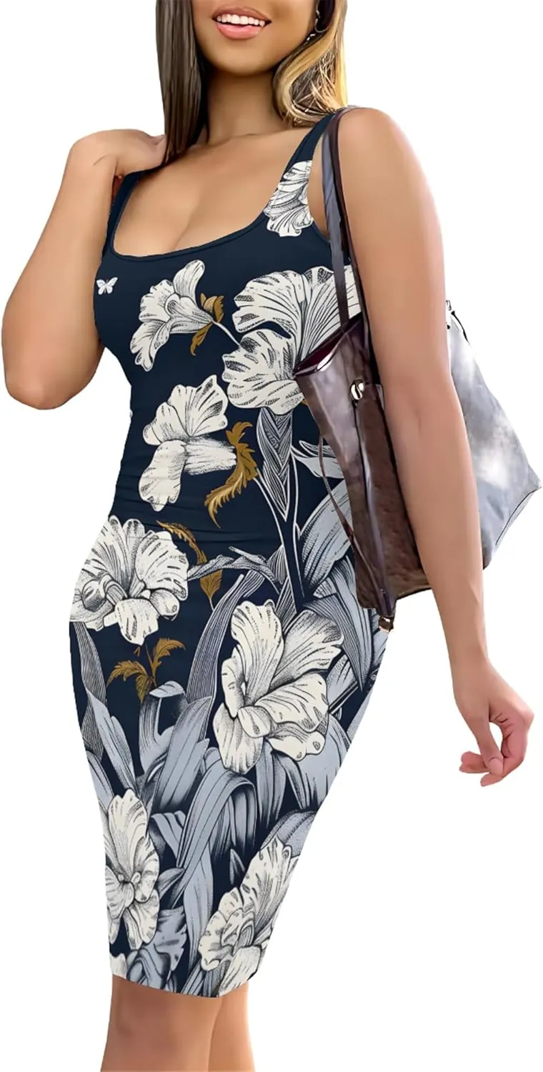 PinkPatty Floral Print Midi Dress for Women Sexy Sleeveless Crew Neck Tank Sundress Plus Size Club Dresses