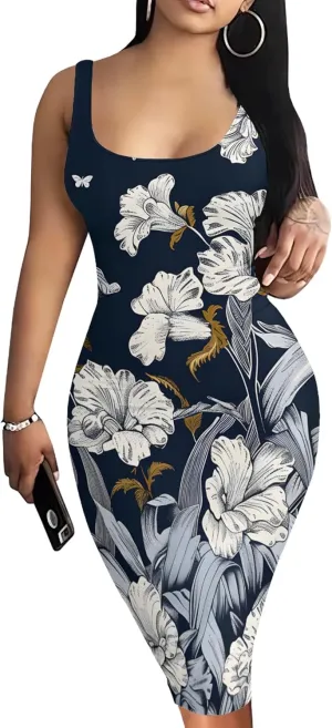 PinkPatty Floral Print Midi Dress for Women Sexy Sleeveless Crew Neck Tank Sundress Plus Size Club Dresses