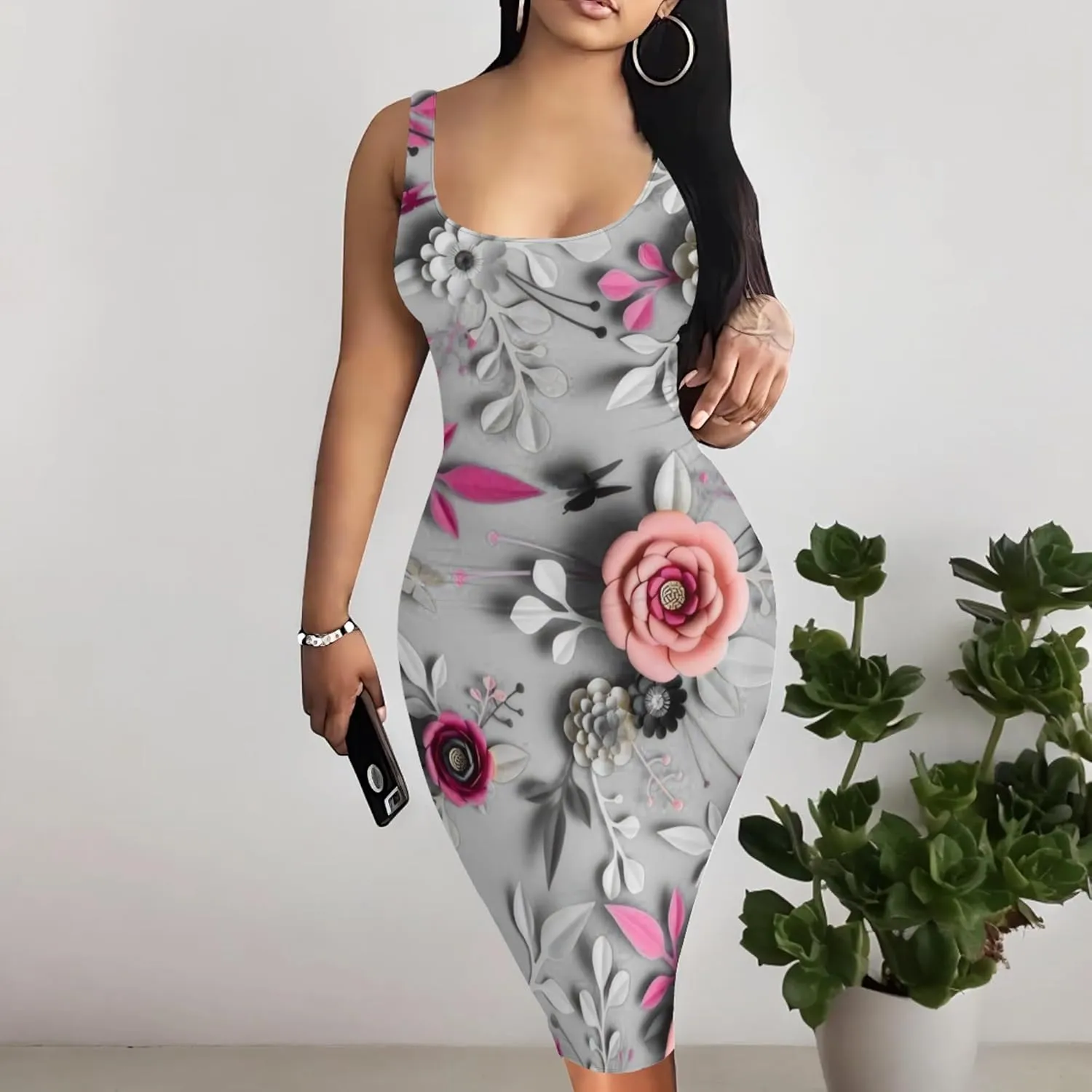 PinkPatty Floral Print Midi Dress for Women Sexy Sleeveless Crew Neck Tank Sundress Plus Size Club Dresses