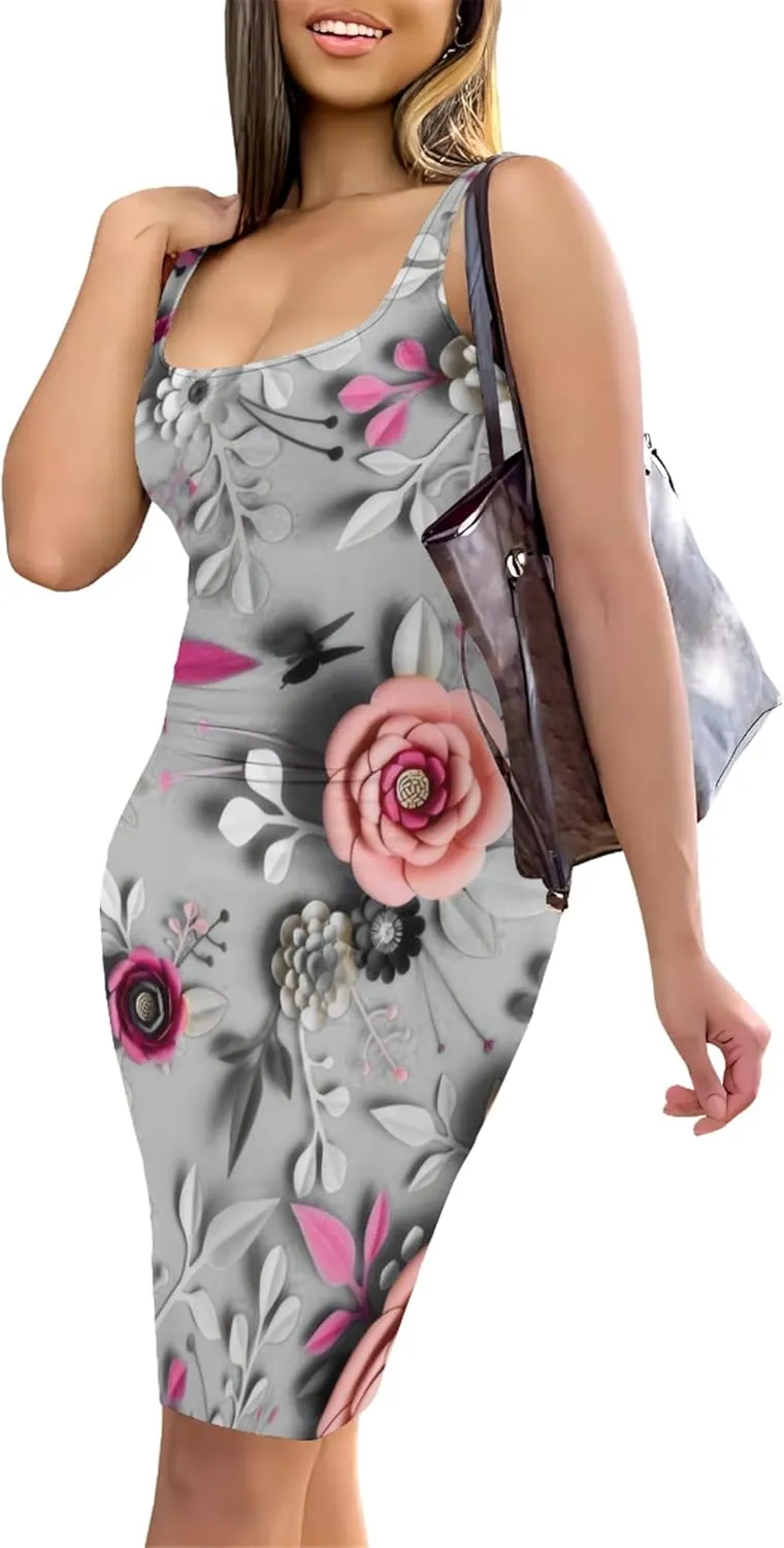 PinkPatty Floral Print Midi Dress for Women Sexy Sleeveless Crew Neck Tank Sundress Plus Size Club Dresses