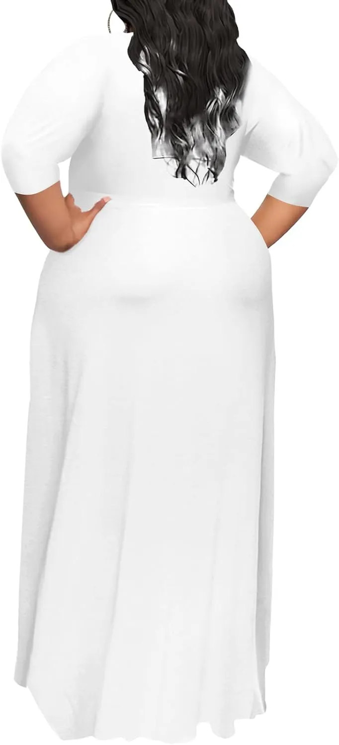 Plus Size Dress for Women - 3/4 Sleeve V-Neck Maxi Dress for Women with Belt and Pockets 2XL-6XL
