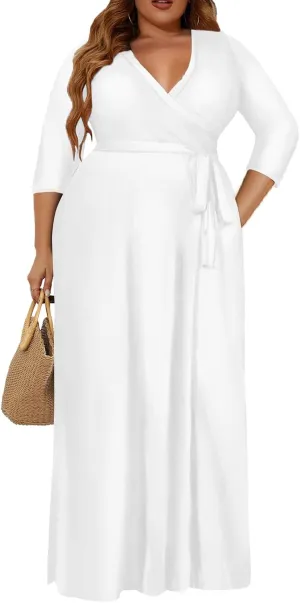 Plus Size Dress for Women - 3/4 Sleeve V-Neck Maxi Dress for Women with Belt and Pockets 2XL-6XL