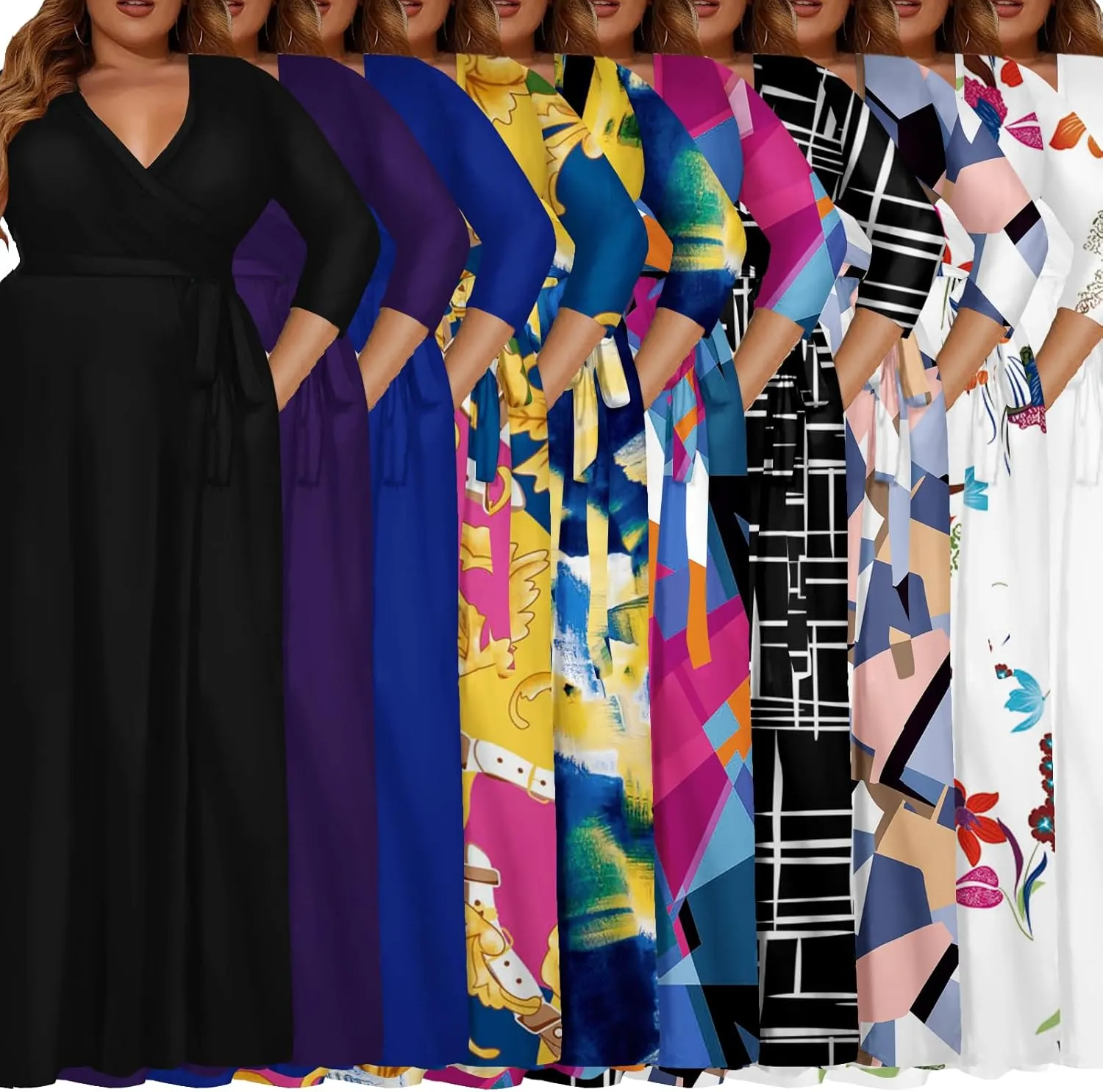 Plus Size Dress for Women - 3/4 Sleeve V-Neck Maxi Dress for Women with Belt and Pockets 2XL-6XL
