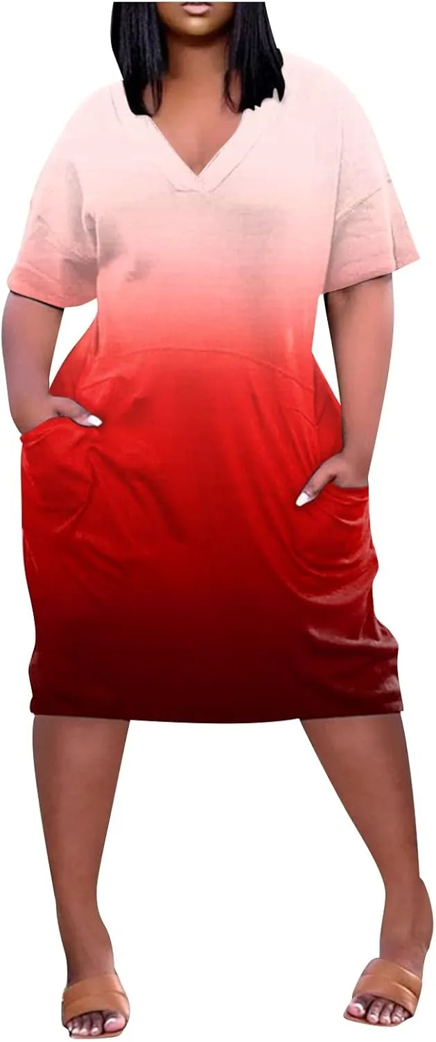 Plus Size Dress Womens 2024 Plus Size Loose Knee Trendy V-Neck Ladies Pocket Breathable Daily Dress