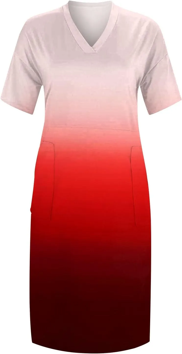Plus Size Dress Womens 2024 Plus Size Loose Knee Trendy V-Neck Ladies Pocket Breathable Daily Dress