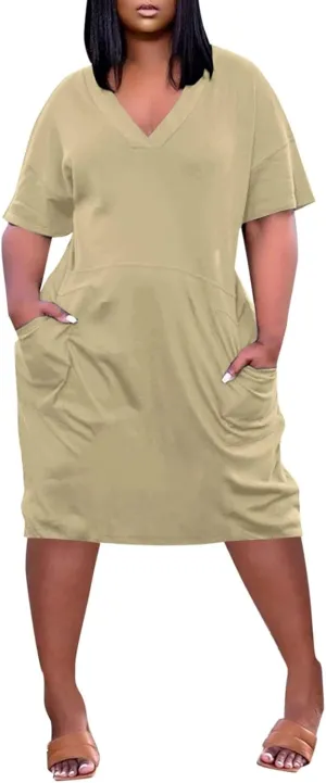 Plus Size Dresses for Curvy Women-2025 Summer Super Loose Fit Short Sleeve V-Neck Midi Casual Dresses with Pockets