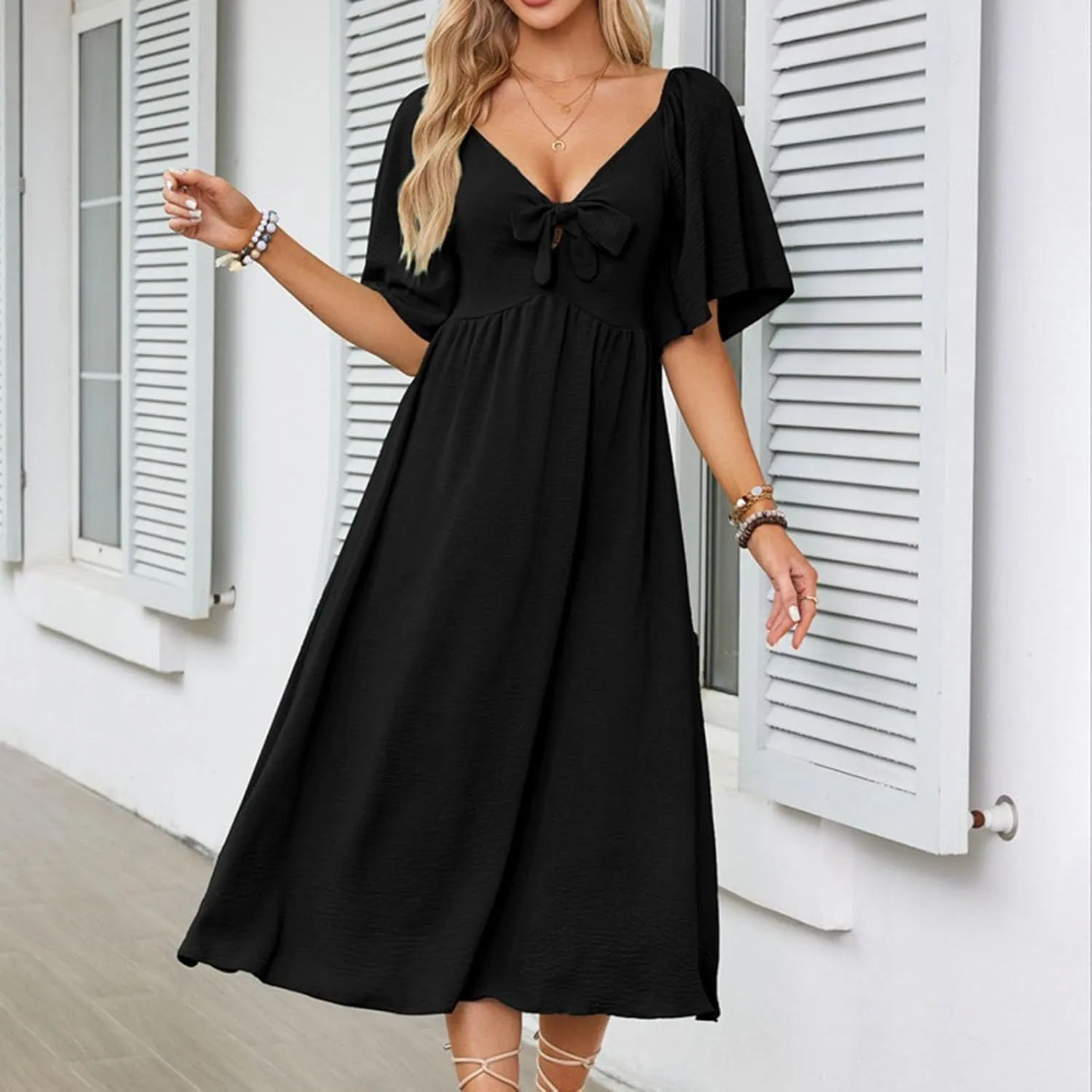 Plus Size Dresses for Curvy Women Summer Casual Deep V Neck Elegant Bow Tie Ruffle Sleeves Flowy A-Line Midi Dress
