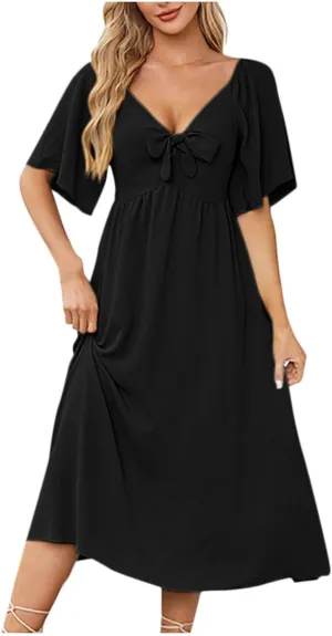 Plus Size Dresses for Curvy Women Summer Casual Deep V Neck Elegant Bow Tie Ruffle Sleeves Flowy A-Line Midi Dress