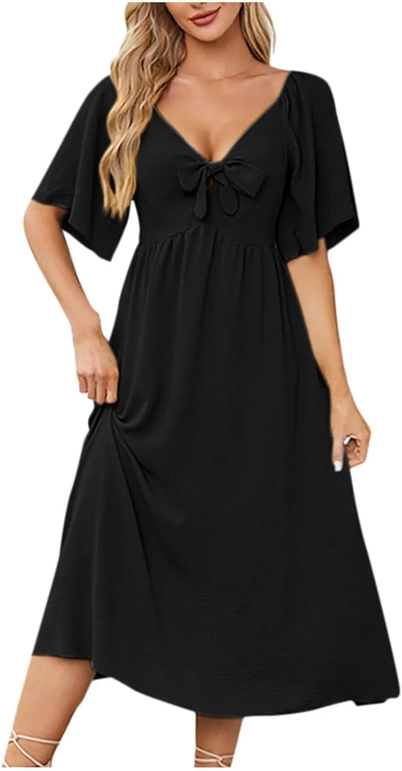 Plus Size Dresses for Curvy Women Summer Casual Deep V Neck Elegant Bow Tie Ruffle Sleeves Flowy A-Line Midi Dress