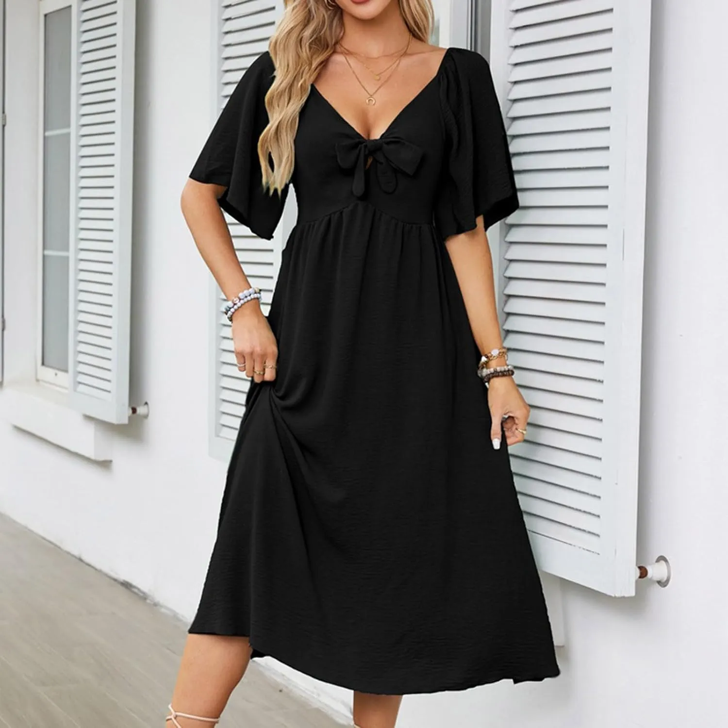 Plus Size Dresses for Curvy Women Summer Casual Deep V Neck Elegant Bow Tie Ruffle Sleeves Flowy A-Line Midi Dress