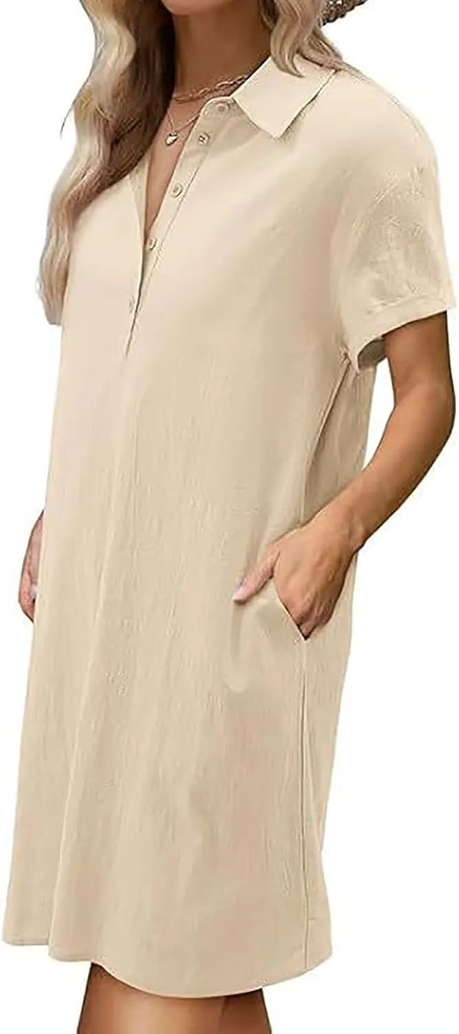 Plus Size Dresses for Women 2025 Trendy Curvy Plain Short Sleeve Midi Linen Dress Button Lapel Sundress with Pockets