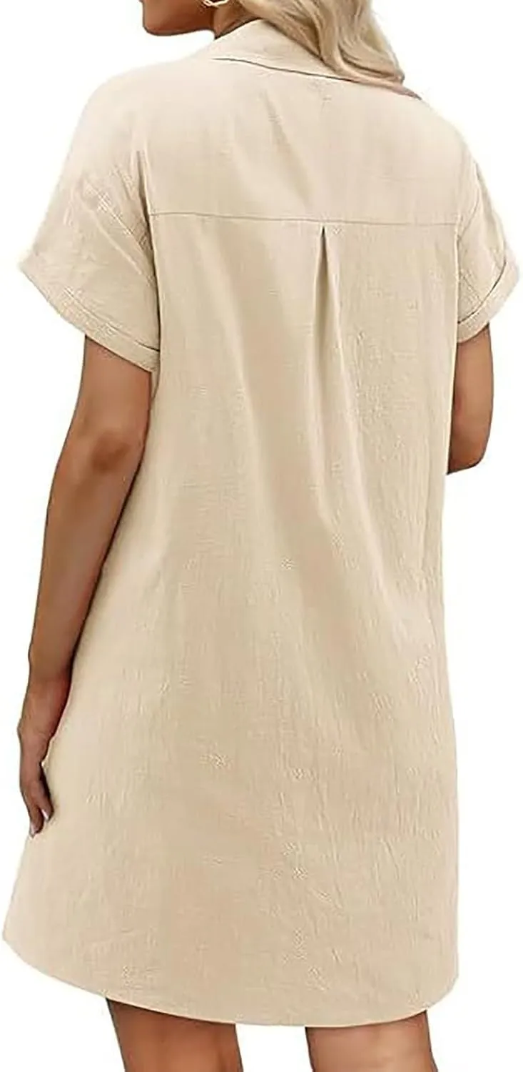 Plus Size Dresses for Women 2025 Trendy Curvy Plain Short Sleeve Midi Linen Dress Button Lapel Sundress with Pockets