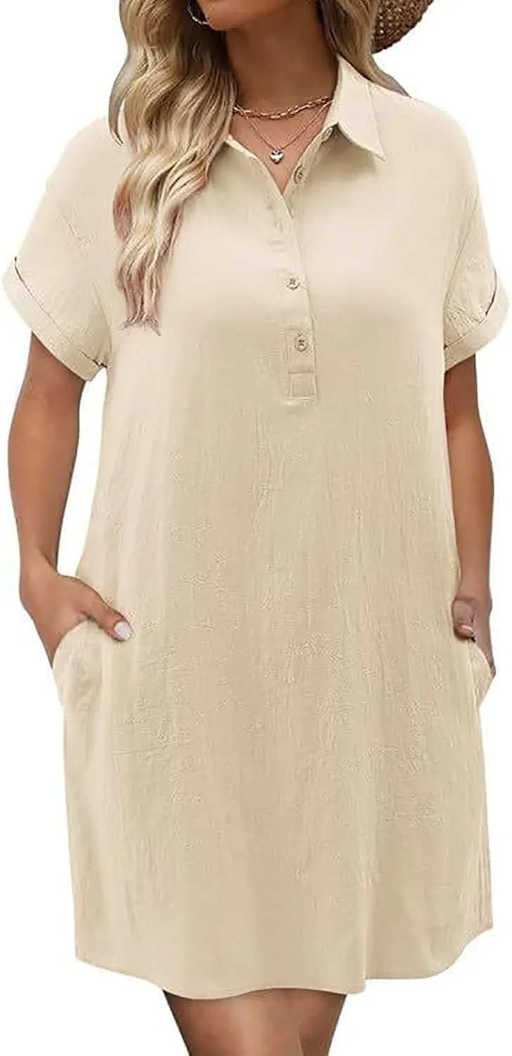 Plus Size Dresses for Women 2025 Trendy Curvy Plain Short Sleeve Midi Linen Dress Button Lapel Sundress with Pockets