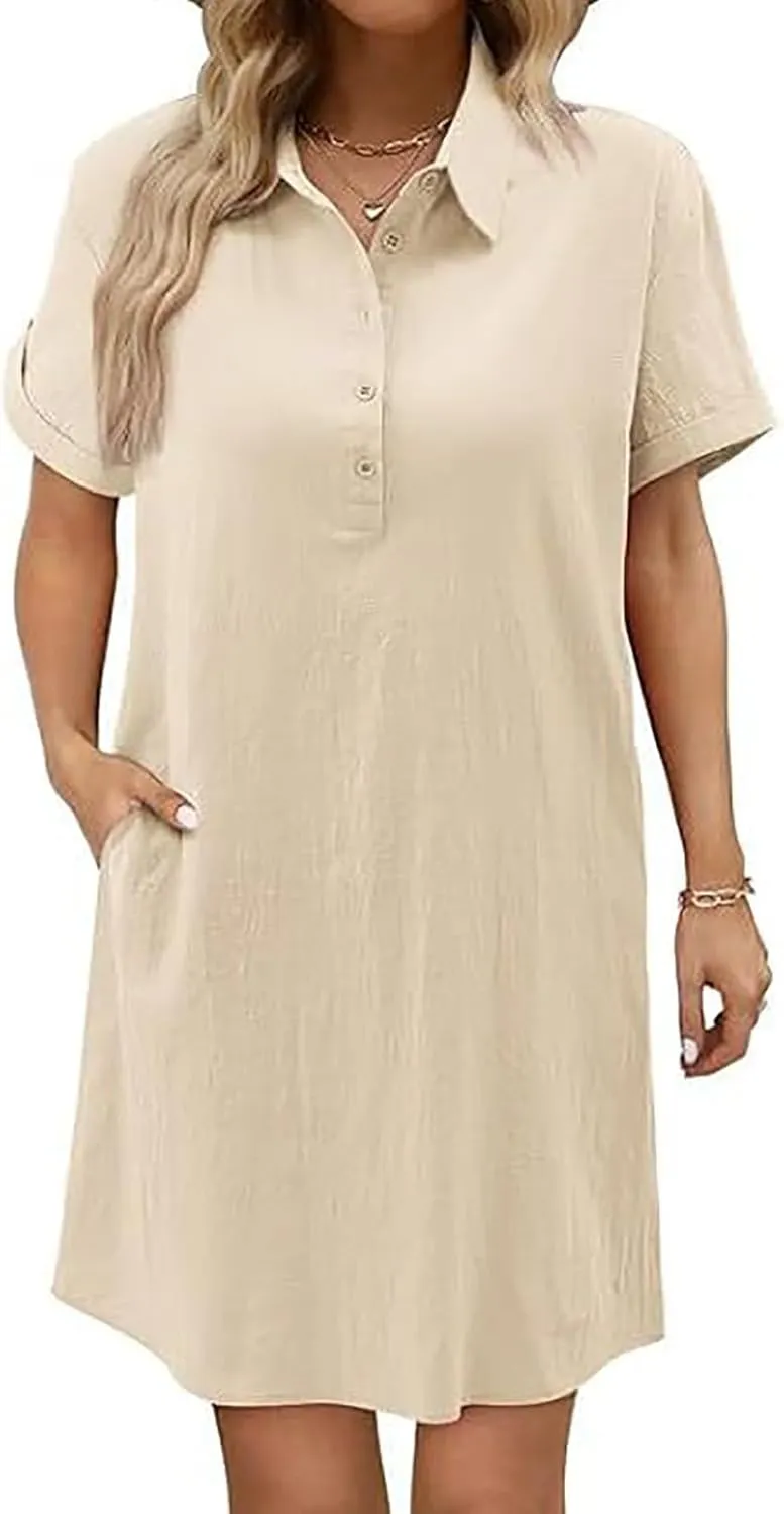Plus Size Dresses for Women 2025 Trendy Curvy Plain Short Sleeve Midi Linen Dress Button Lapel Sundress with Pockets