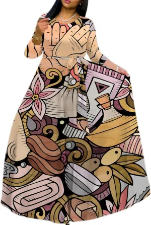 Plus Size Maxi Dress for Women Casual Crewneck 3/4 Sleeve Wrap Floor Length Sundress Floral Print with Belt Travel Vacation
