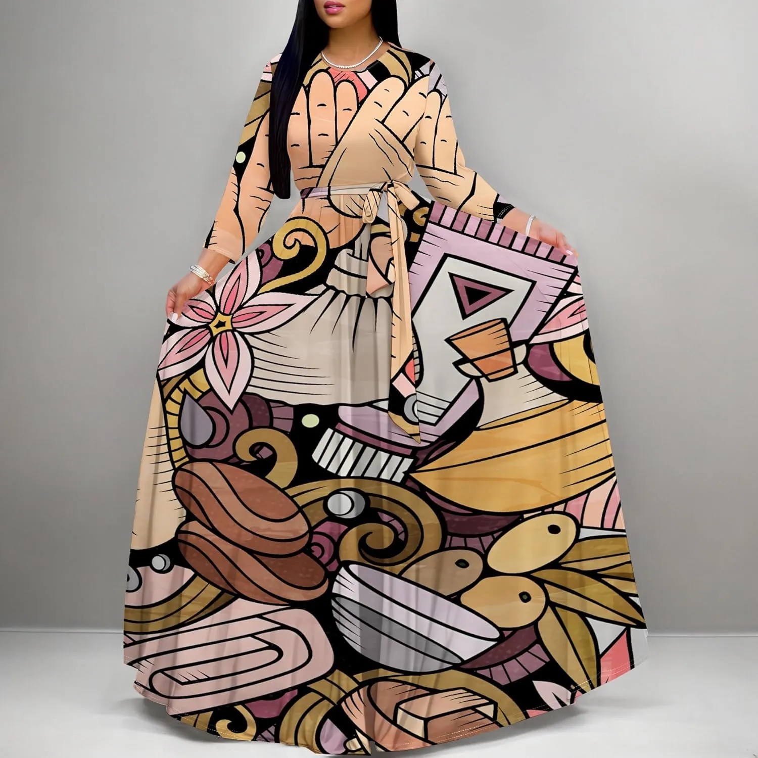 Plus Size Maxi Dress for Women Casual Crewneck 3/4 Sleeve Wrap Floor Length Sundress Floral Print with Belt Travel Vacation
