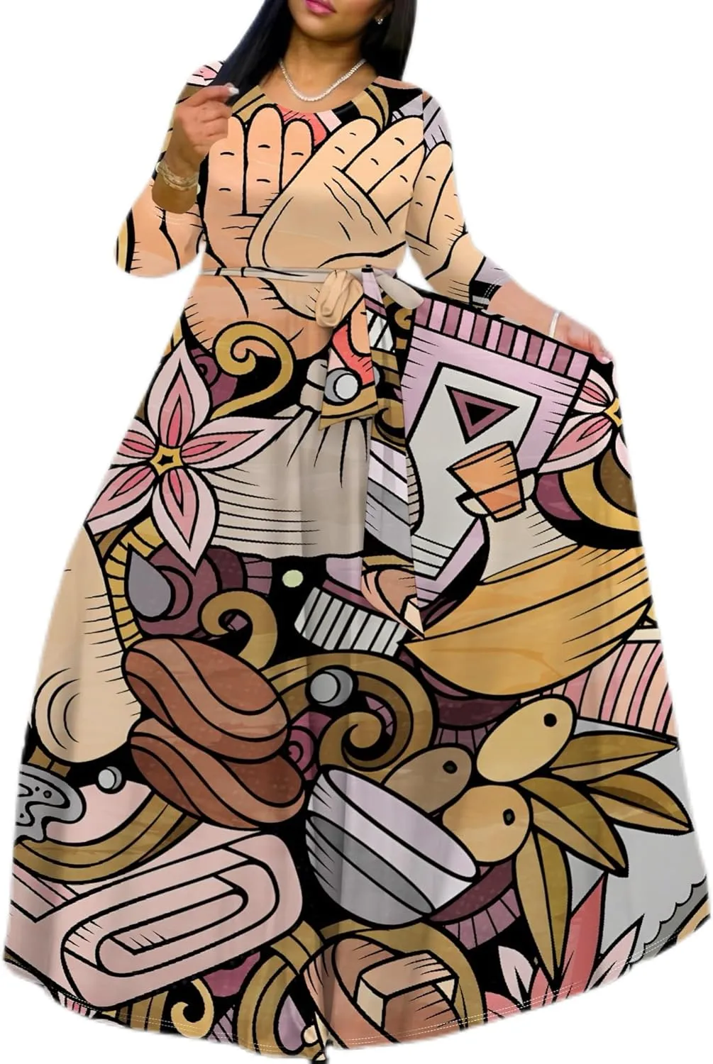 Plus Size Maxi Dress for Women Casual Crewneck 3/4 Sleeve Wrap Floor Length Sundress Floral Print with Belt Travel Vacation