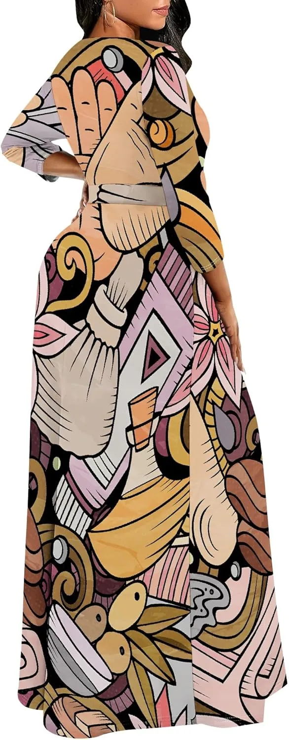 Plus Size Maxi Dress for Women Casual Crewneck 3/4 Sleeve Wrap Floor Length Sundress Floral Print with Belt Travel Vacation