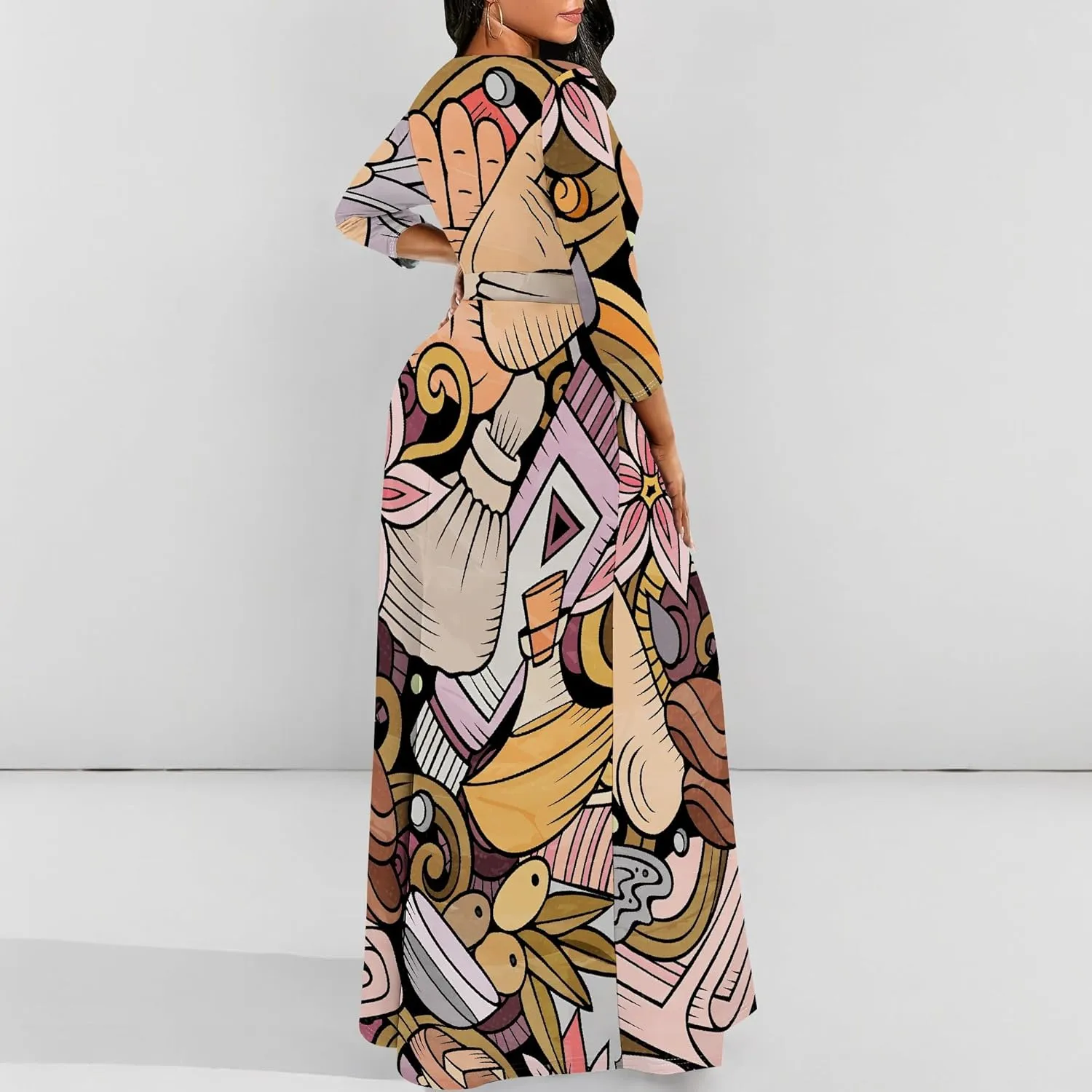 Plus Size Maxi Dress for Women Casual Crewneck 3/4 Sleeve Wrap Floor Length Sundress Floral Print with Belt Travel Vacation