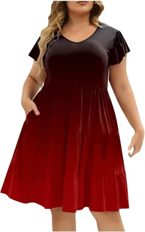 Plus Size Midi Dress for Women Casual Summer Short Sleeve V-Neck Dresses Gradient Print Cute Tiered Ruffle Dress