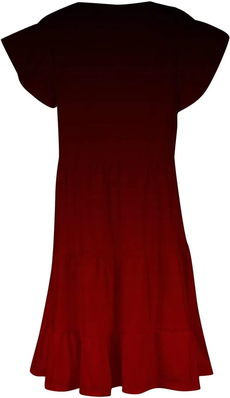 Plus Size Midi Dress for Women Casual Summer Short Sleeve V-Neck Dresses Gradient Print Cute Tiered Ruffle Dress