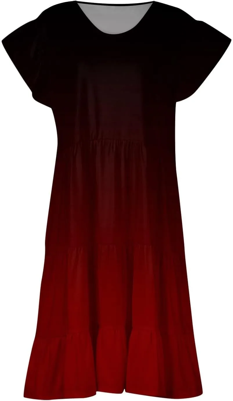 Plus Size Midi Dress for Women Casual Summer Short Sleeve V-Neck Dresses Gradient Print Cute Tiered Ruffle Dress