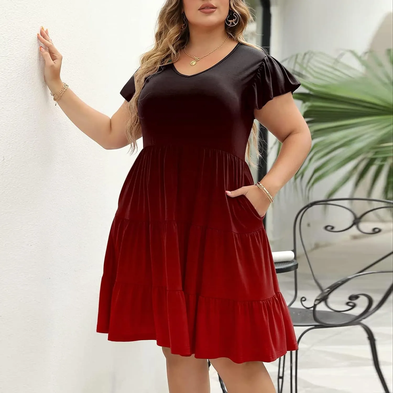 Plus Size Midi Dress for Women Casual Summer Short Sleeve V-Neck Dresses Gradient Print Cute Tiered Ruffle Dress