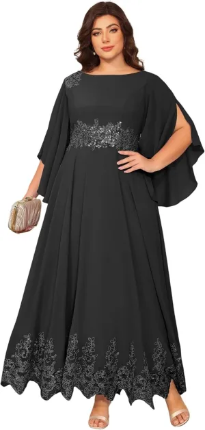 Plus Size Mother of The Bride Dresses Long Chiffon Lace Appliques Hem Round Neck Sequin Evening Formal Dress PU253