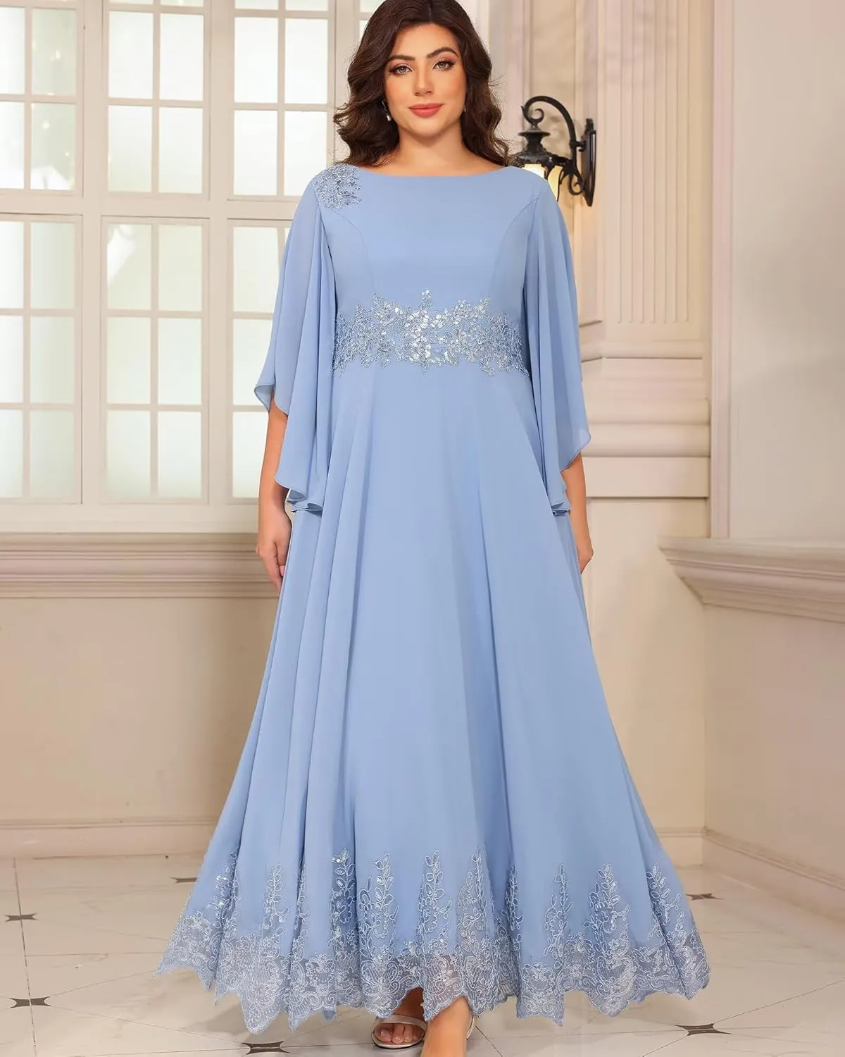 Plus Size Mother of The Bride Dresses Long Chiffon Lace Appliques Hem Round Neck Sequin Evening Formal Dress PU253