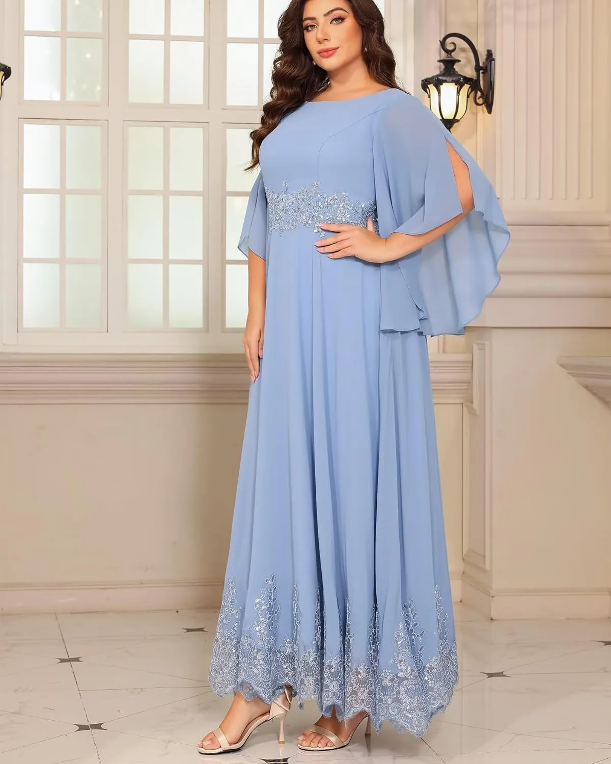 Plus Size Mother of The Bride Dresses Long Chiffon Lace Appliques Hem Round Neck Sequin Evening Formal Dress PU253