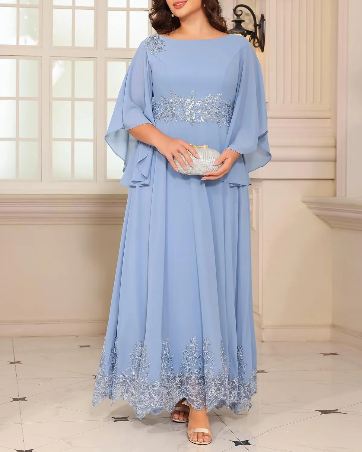 Plus Size Mother of The Bride Dresses Long Chiffon Lace Appliques Hem Round Neck Sequin Evening Formal Dress PU253