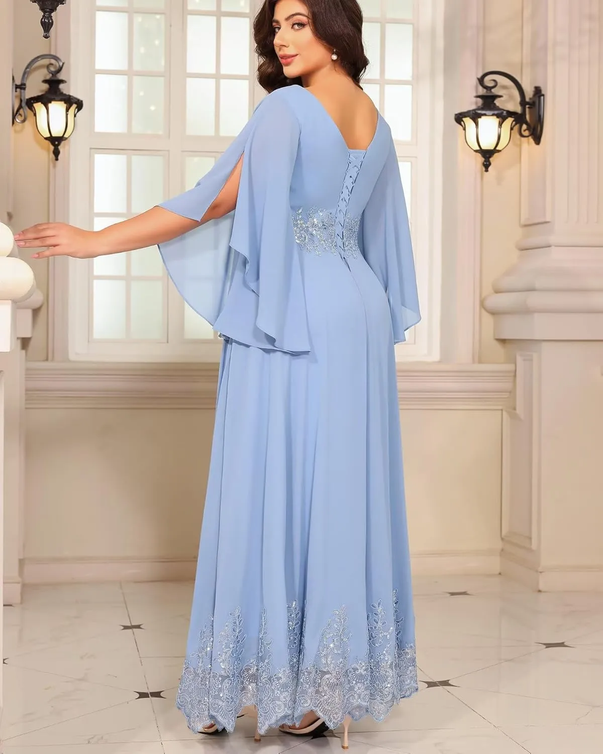 Plus Size Mother of The Bride Dresses Long Chiffon Lace Appliques Hem Round Neck Sequin Evening Formal Dress PU253