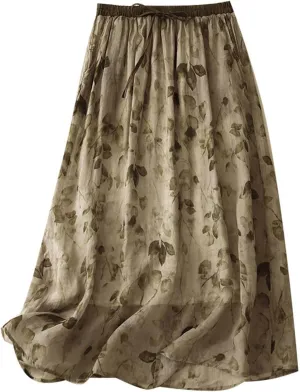 Plus Size Skirt for Women Fashion Floral Printed A Line Skirts High Waisted Drawstring Skirts Western Vintage Skirt