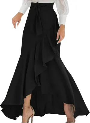 Plus Size Skirts for Women Ruffle Mermaid Skirt Flowy Long Plaid Skirts High Waisted Maxi Skirt Lace Up A Line Skirts