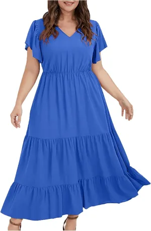 Plus Size Summer Dress for Women, Ruffle Short Sleeve V Neck Swing Dress Flowy Boho Casual A-Line Tiered Midi Dresses