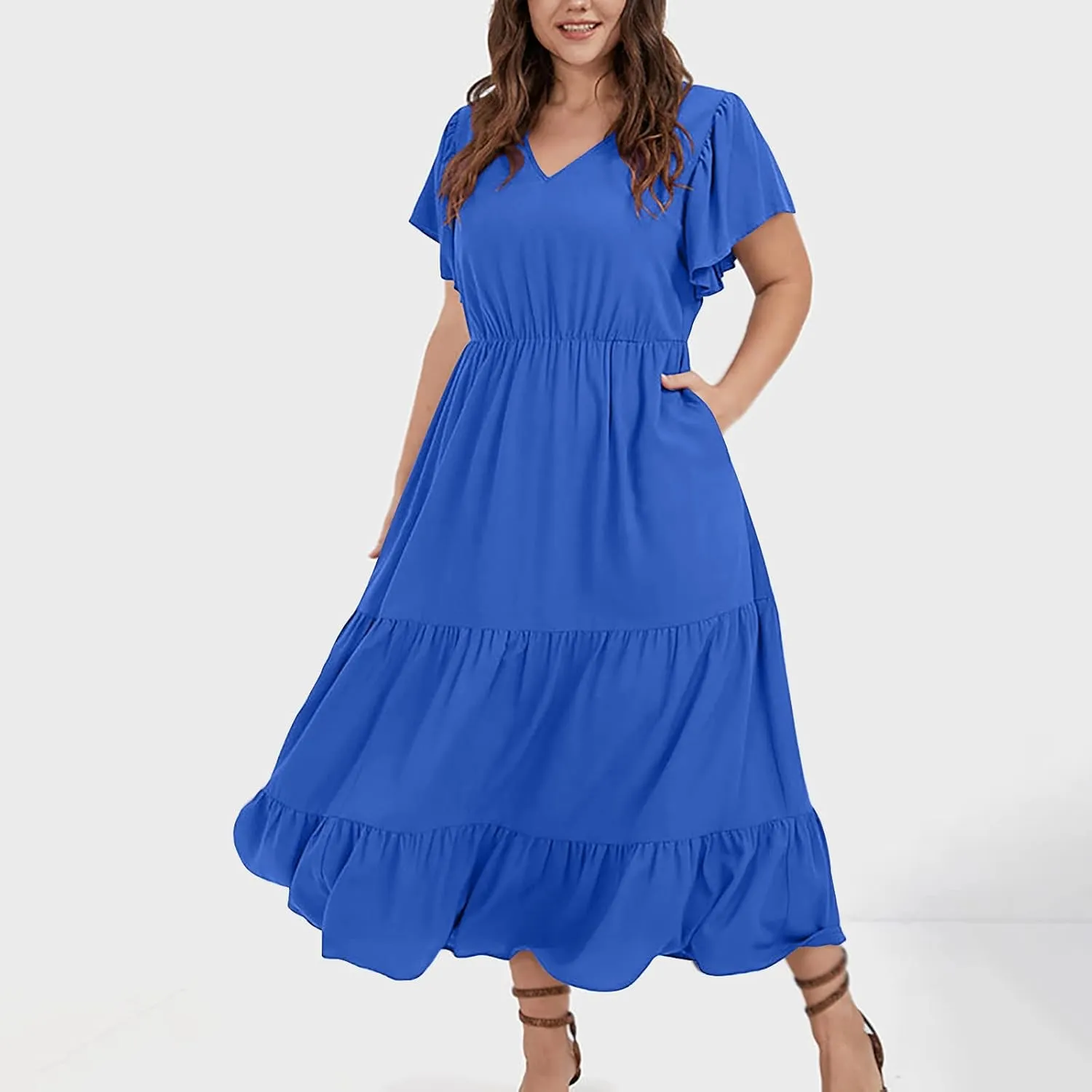 Plus Size Summer Dress for Women, Ruffle Short Sleeve V Neck Swing Dress Flowy Boho Casual A-Line Tiered Midi Dresses
