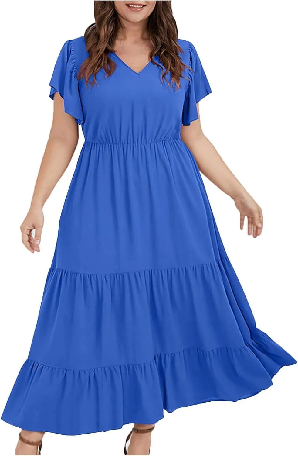 Plus Size Summer Dress for Women, Ruffle Short Sleeve V Neck Swing Dress Flowy Boho Casual A-Line Tiered Midi Dresses